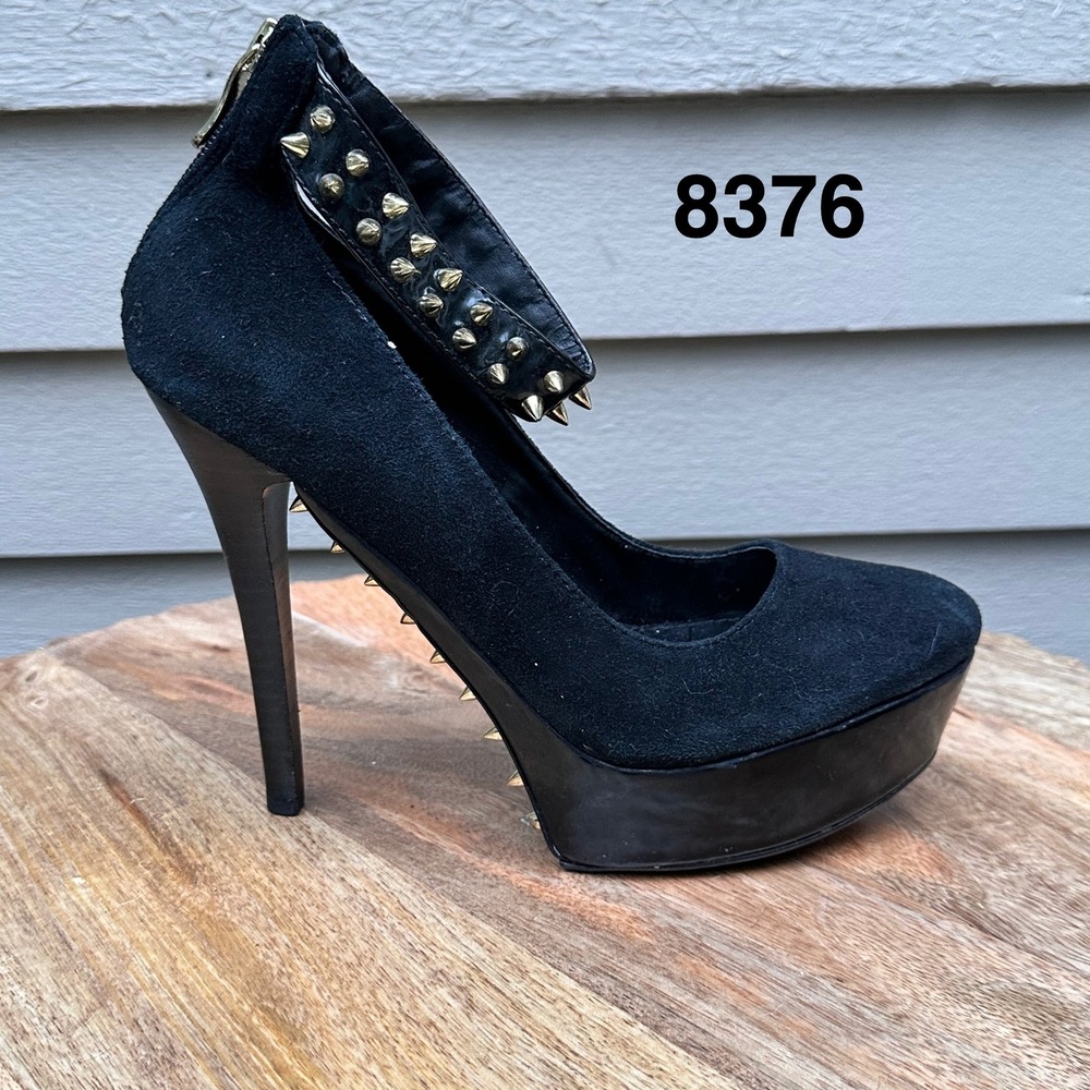 Staccato Two Lips Black Suede Spiked Platform Stiletto Heels Gold Studs 7.5 M